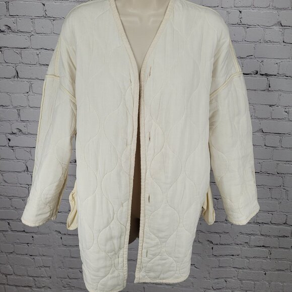 Zara Ivory Cream Quilted Cotton Buttoned Collarless Pockets Jacket Size Small S - Picture 5 of 16